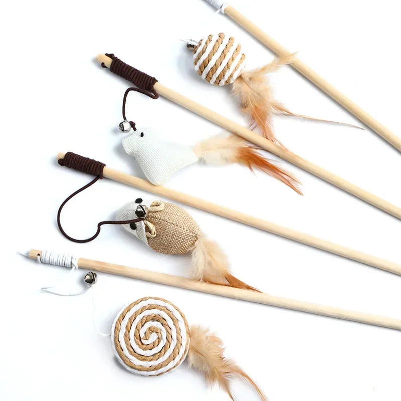1PC Interactive Cat Wand Toy – Colorful Feather Teaser with Wooden Rod for Playful Kittens!
