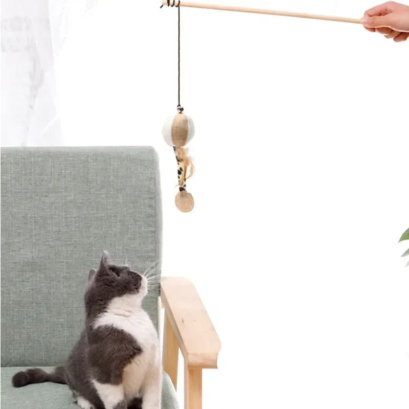 1PC Interactive Cat Wand Toy – Colorful Feather Teaser with Wooden Rod for Playful Kittens!