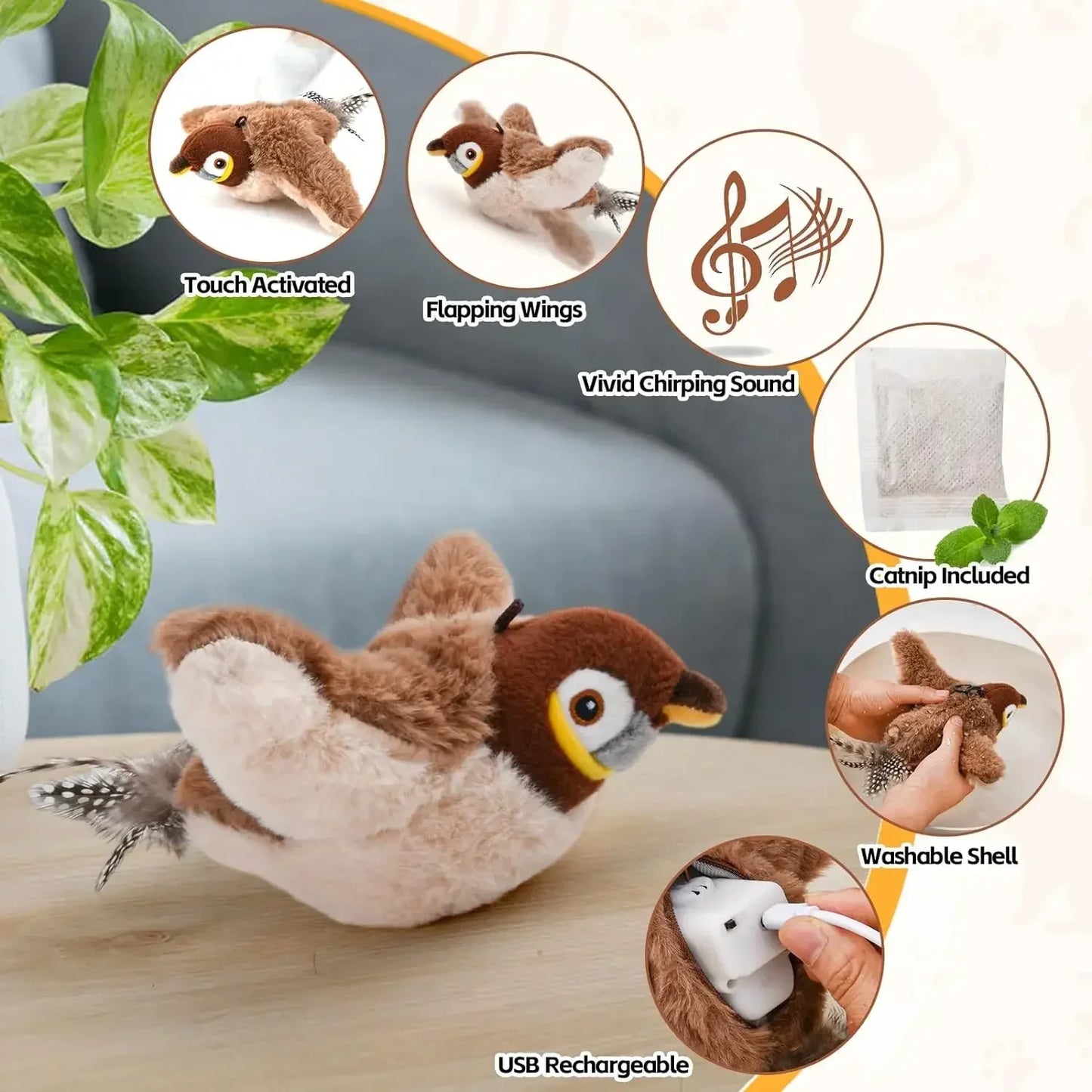 NaturePaws Rechargeable Flapping Bird Cat Toy – Chirping, Catnip-Infused, and Touch-Activated!