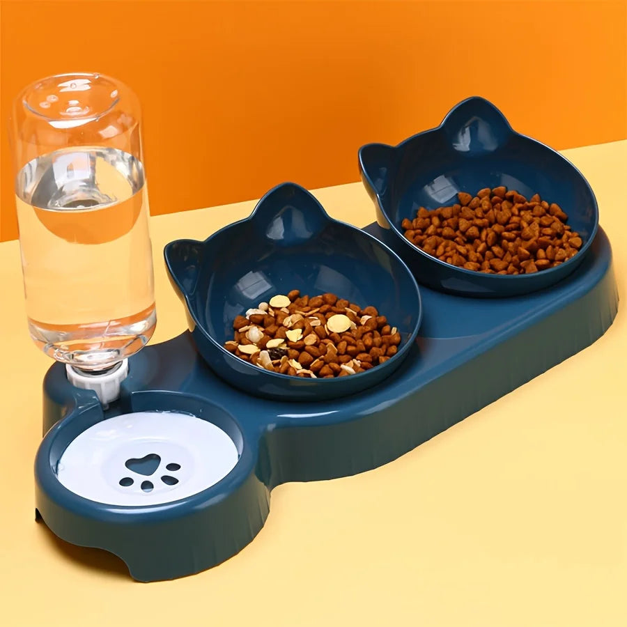 3-in-1 Pet Bowl Set – Tilted Cat Food & Water Bowls with Gravity Feeder for Neck Protection!