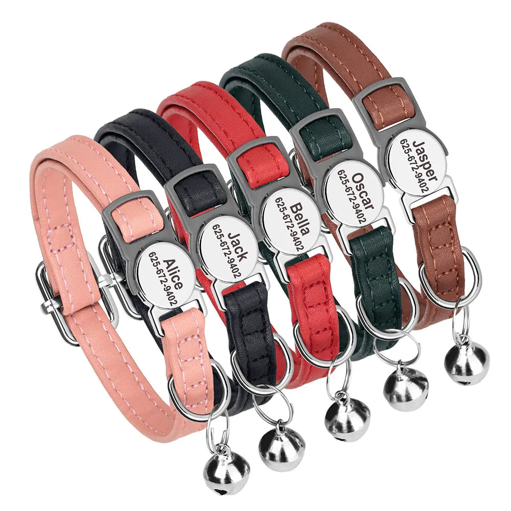 Custom PU Leather Cat Collar – Personalized Breakaway Kitten & Puppy Collar with Engraved Name, Anti-Lost Safety Design