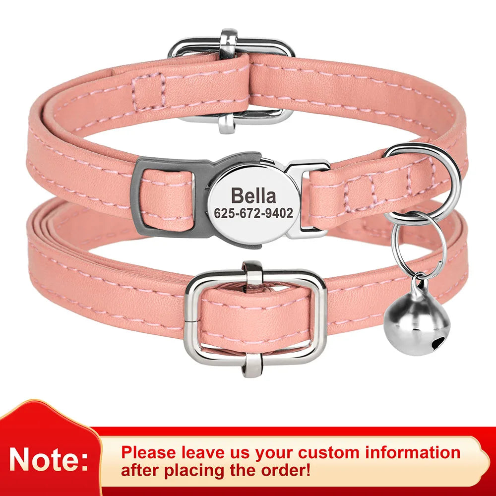 Custom PU Leather Cat Collar – Personalized Breakaway Kitten & Puppy Collar with Engraved Name, Anti-Lost Safety Design