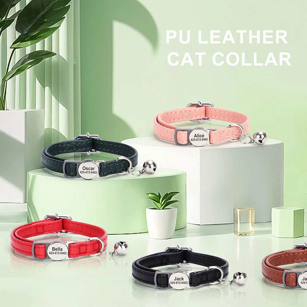 Custom PU Leather Cat Collar – Personalized Breakaway Kitten & Puppy Collar with Engraved Name, Anti-Lost Safety Design