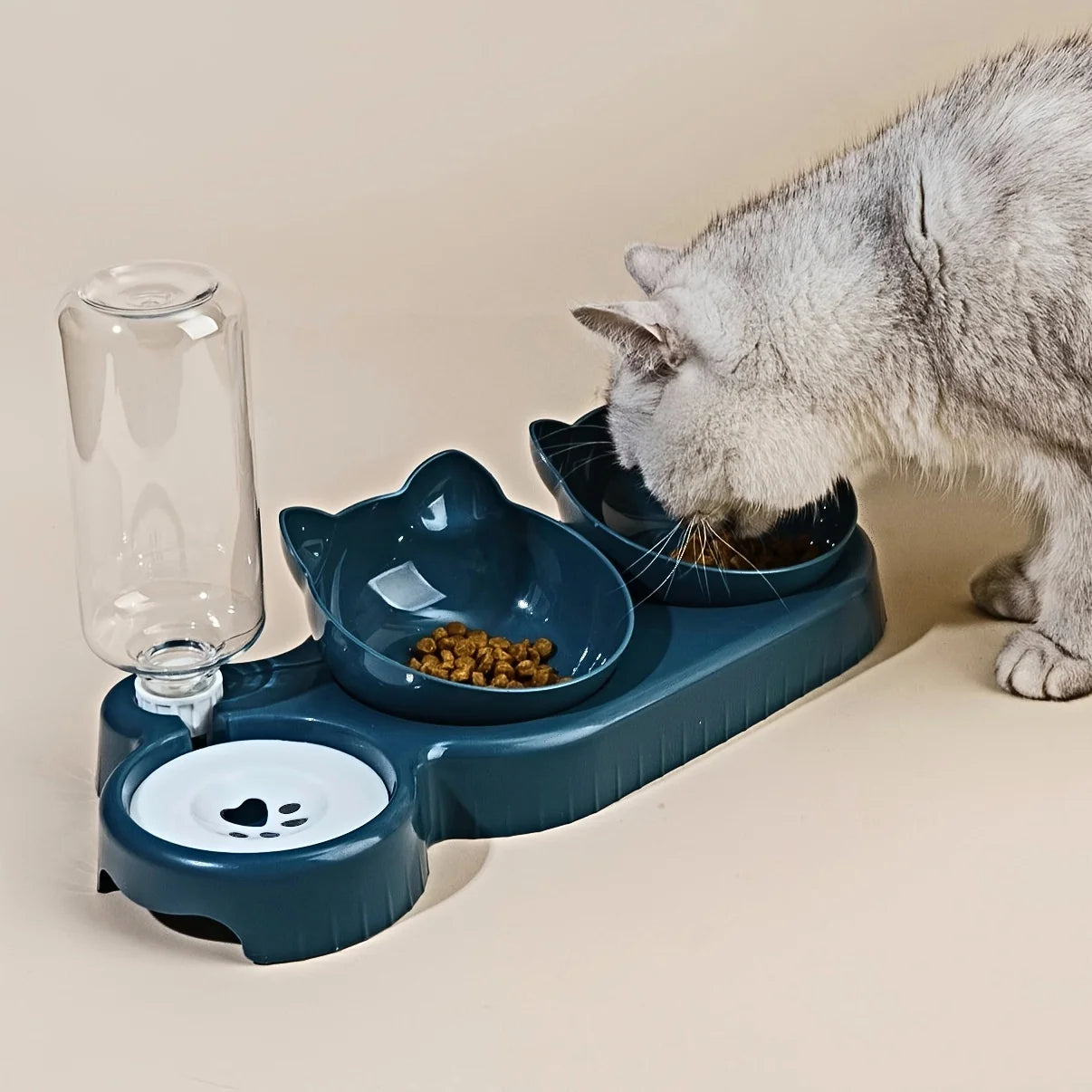 3-in-1 Pet Bowl Set – Tilted Cat Food & Water Bowls with Gravity Feeder for Neck Protection!