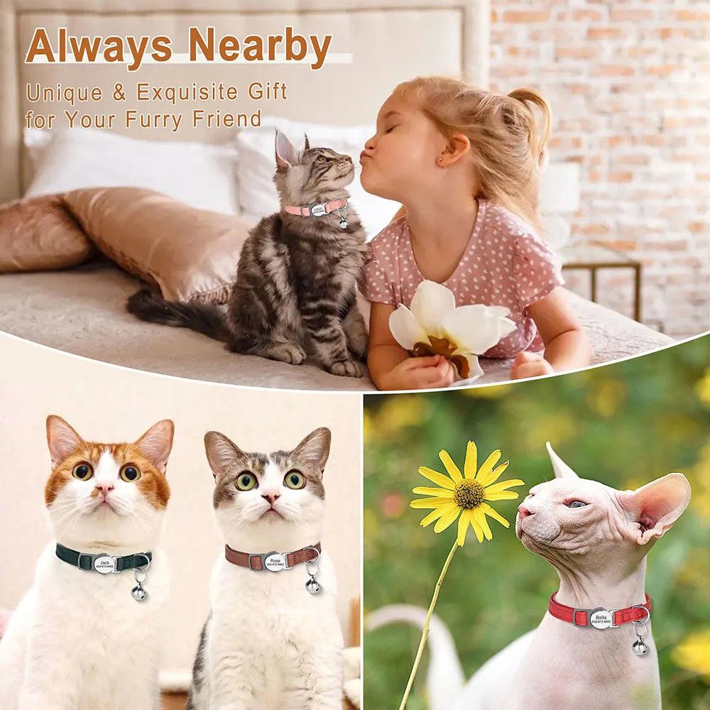 Custom PU Leather Cat Collar – Personalized Breakaway Kitten & Puppy Collar with Engraved Name, Anti-Lost Safety Design