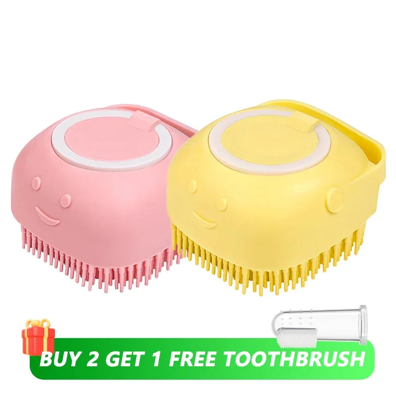 Dog Bathing & Massage Brush – Soft Silicone Pet Grooming Brush with Shampoo Dispenser for Cats & Dogs