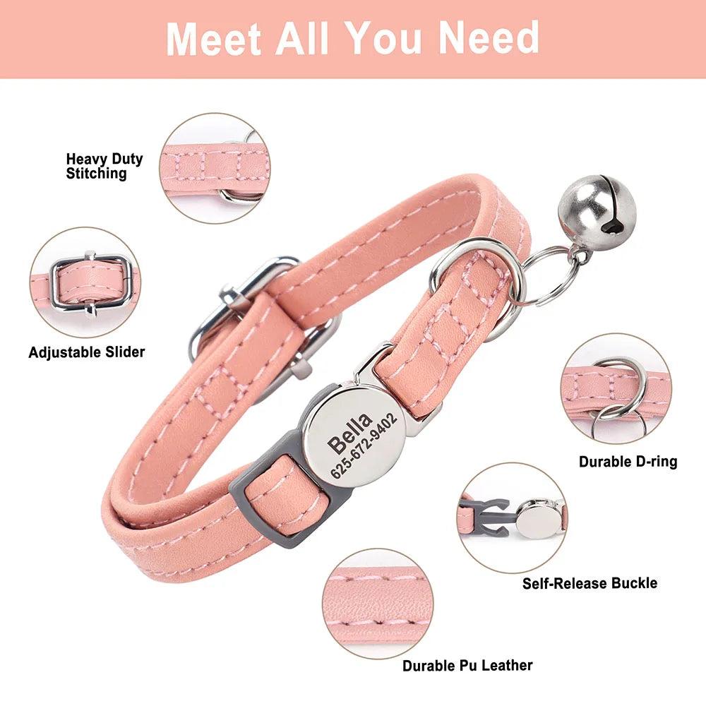 Custom PU Leather Cat Collar – Personalized Breakaway Kitten & Puppy Collar with Engraved Name, Anti-Lost Safety Design