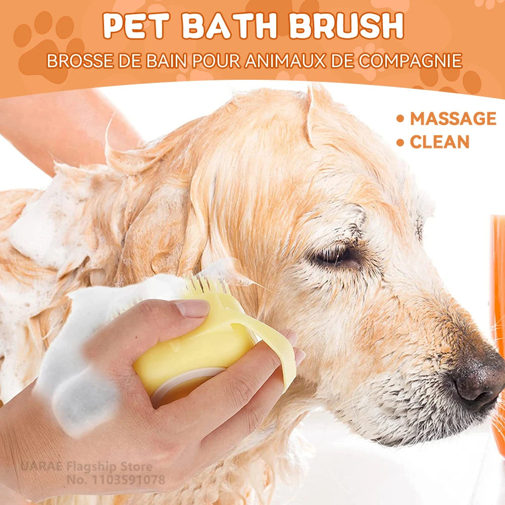 Dog Bathing & Massage Brush – Soft Silicone Pet Grooming Brush with Shampoo Dispenser for Cats & Dogs