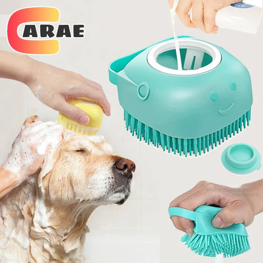 Dog Bathing & Massage Brush – Soft Silicone Pet Grooming Brush with Shampoo Dispenser for Cats & Dogs