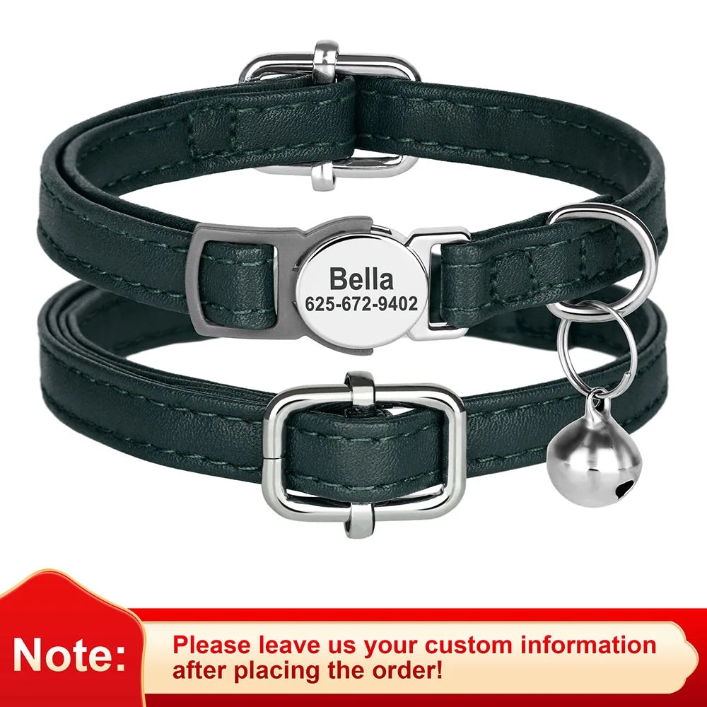 Custom PU Leather Cat Collar – Personalized Breakaway Kitten & Puppy Collar with Engraved Name, Anti-Lost Safety Design