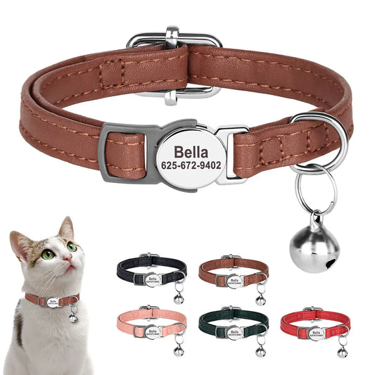 Custom PU Leather Cat Collar – Personalized Breakaway Kitten & Puppy Collar with Engraved Name, Anti-Lost Safety Design